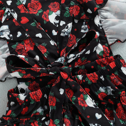 Halloween Outfit, Rose Skull Print Square Neck Ruffle Romper