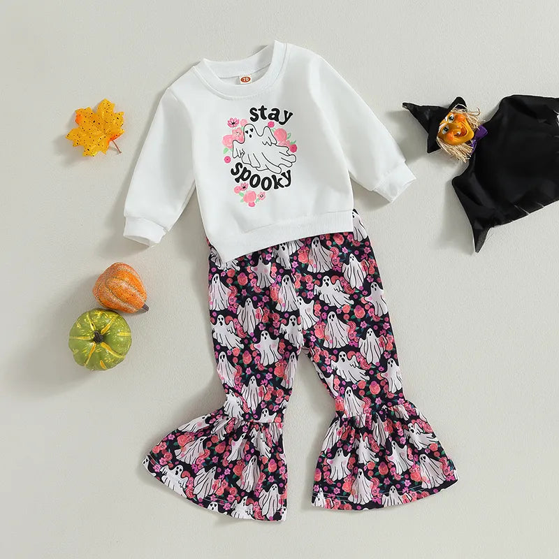 Pants Set, Sweatshirt with Ghost Flower Print Flare Pants Halloween