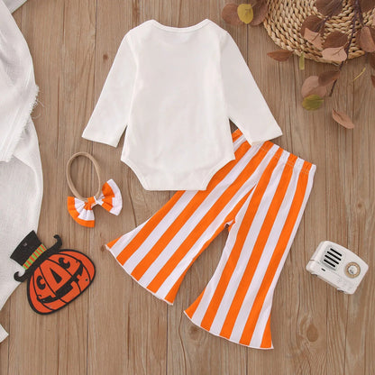 Halloween Sets Pumpkin Letter Long Sleeve Romper+Striped Flare Pants Hairband