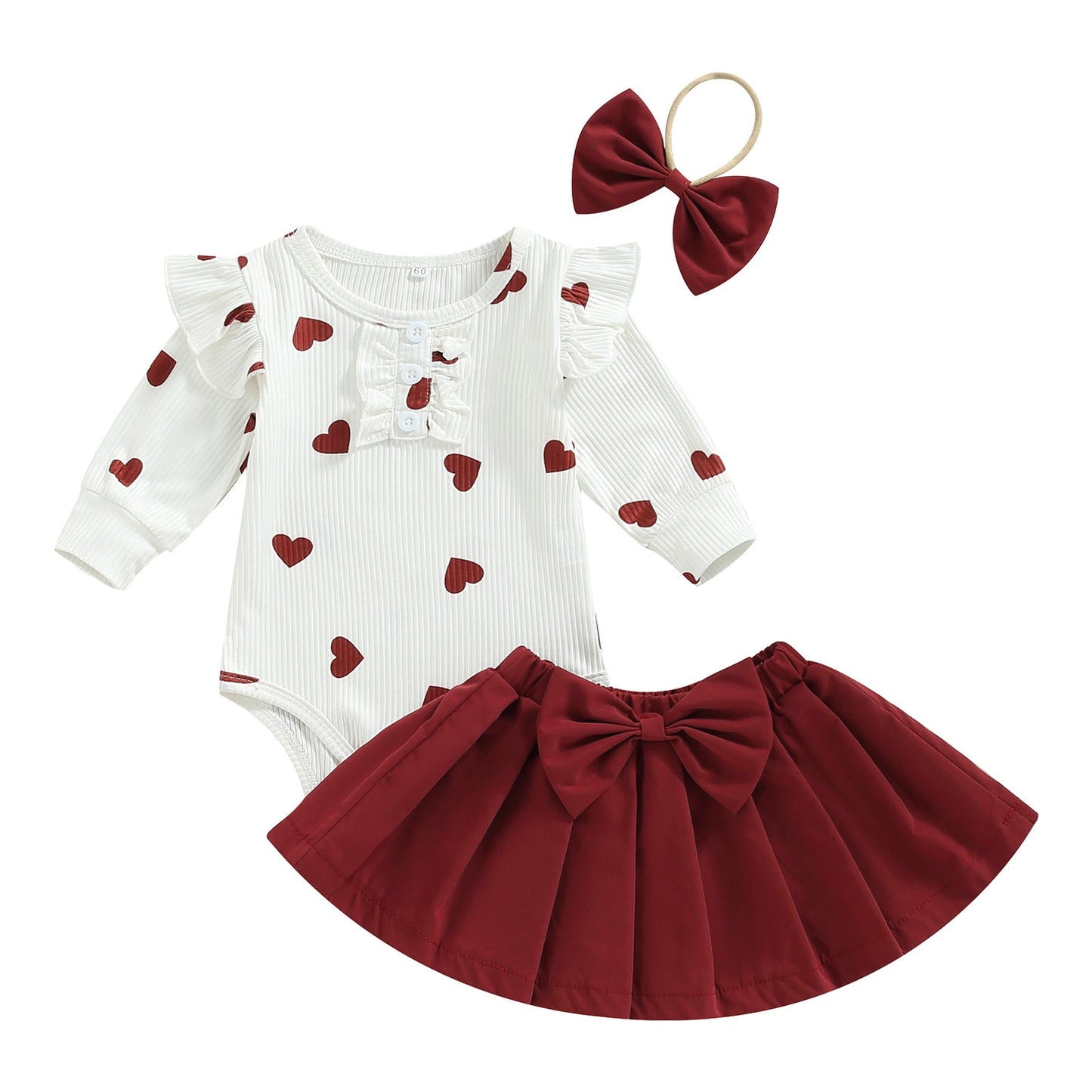 Children's set with red skirt, blouse with hearts + headband