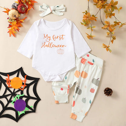 Romper Tops+Pumpkin Sweatpants+Hairband Halloween Clothes