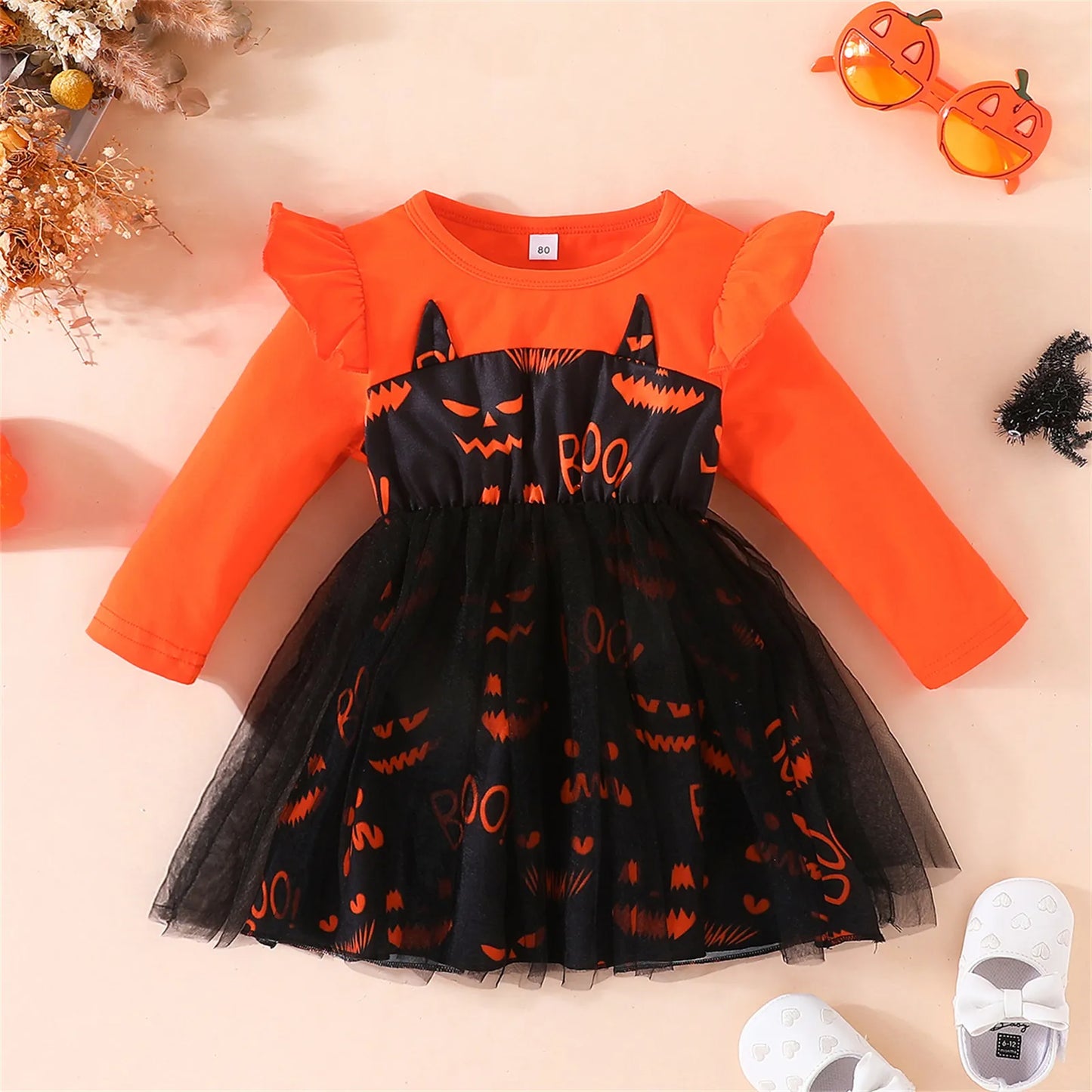 Dress, Long Sleeve Crew Neck Bat Print Tulle Dress Dress Halloween