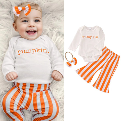 Halloween Sets Pumpkin Letter Long Sleeve Romper+Striped Flare Pants Hairband