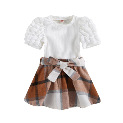 Children's set with checkered brown skirt