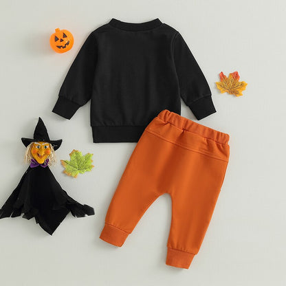 Halloween Clothes Letter Pumpkin Print Long Sleeve Sweatshirt Elastic Pants