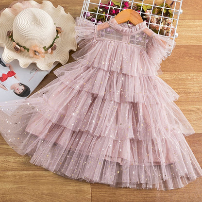 Children's party dress with lace ruffles and stars