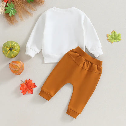 Halloween Outfits Long Sleeve Pumpkin Letter Print Sweatshirt + Trousers Set