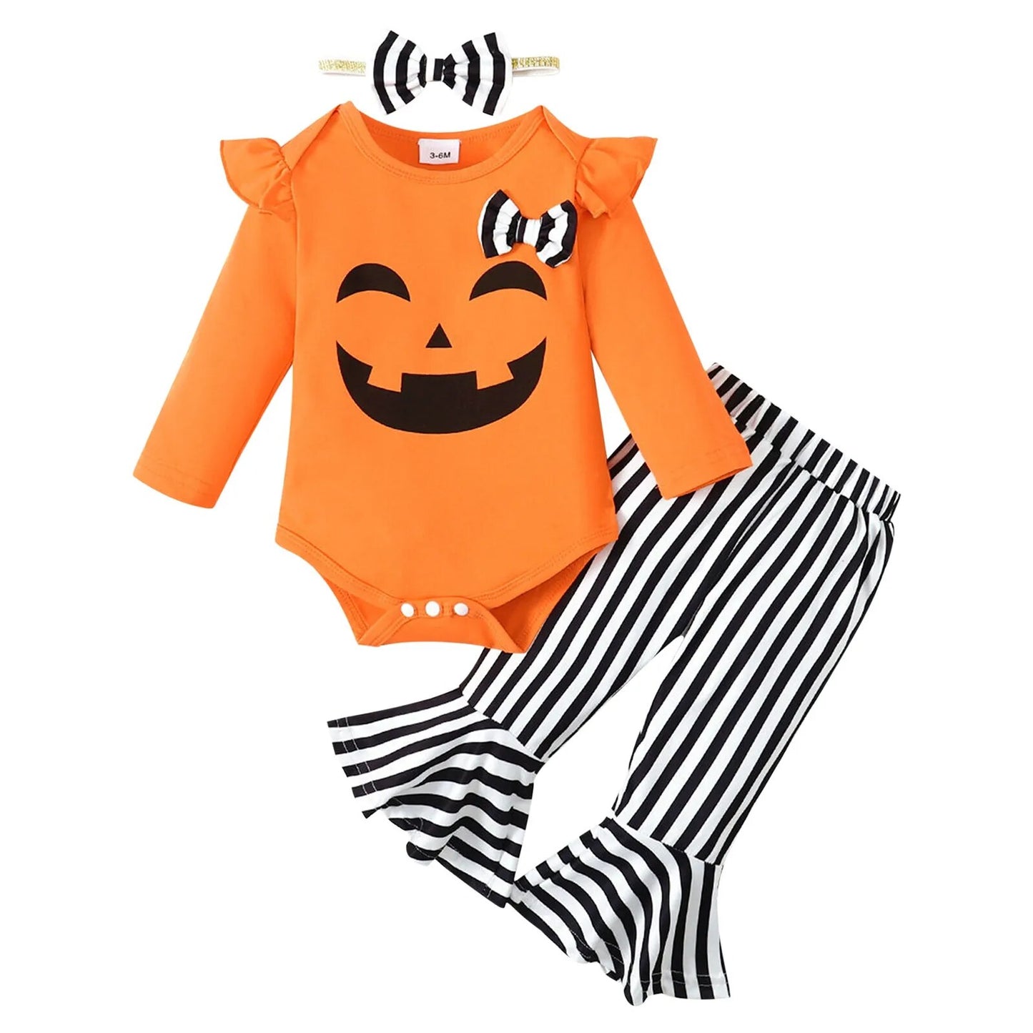 Halloween Costume Orange Romper+Pumpkin Flared Pants+Headband