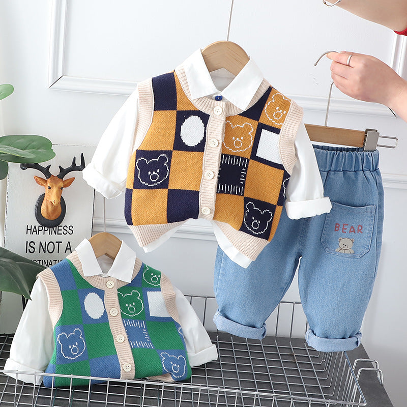 Children's set 3 pieces plaid vest with bears