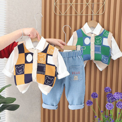 Children's set 3 pieces plaid vest with bears