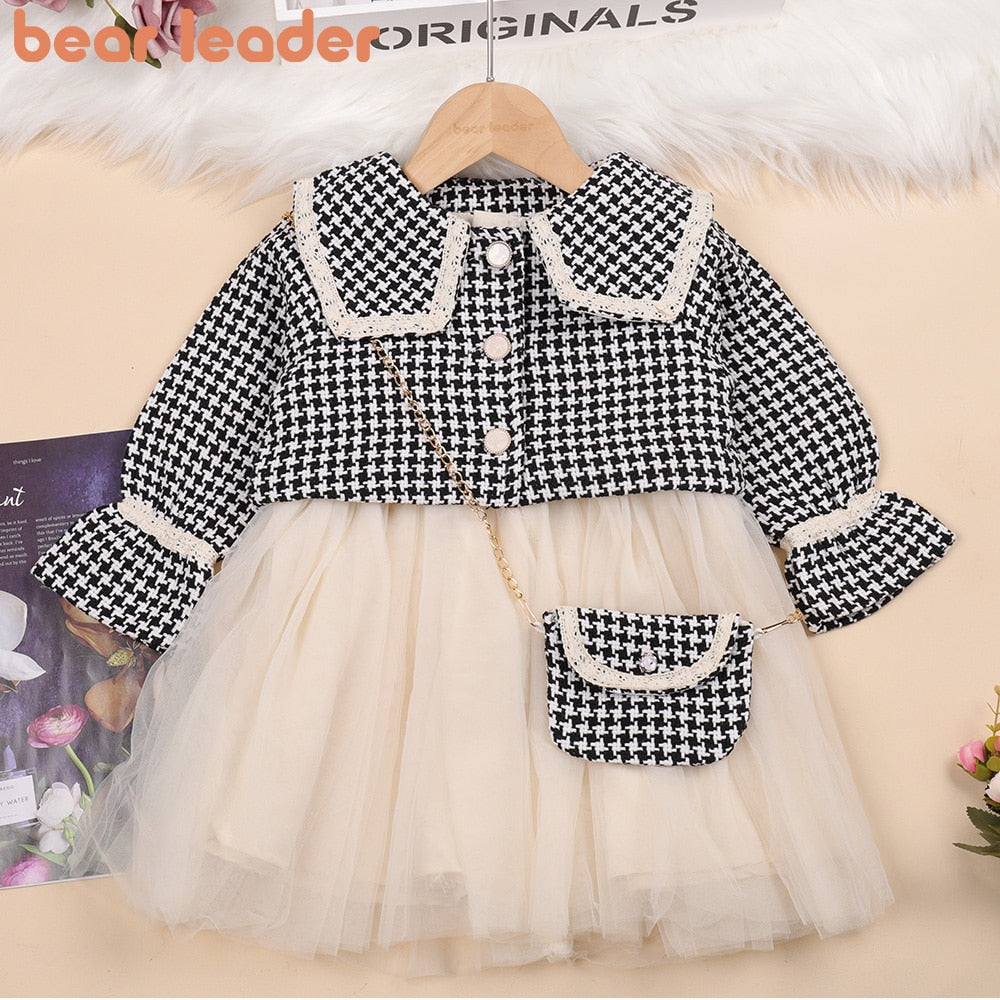 Children's set dress + coat + plaid bag