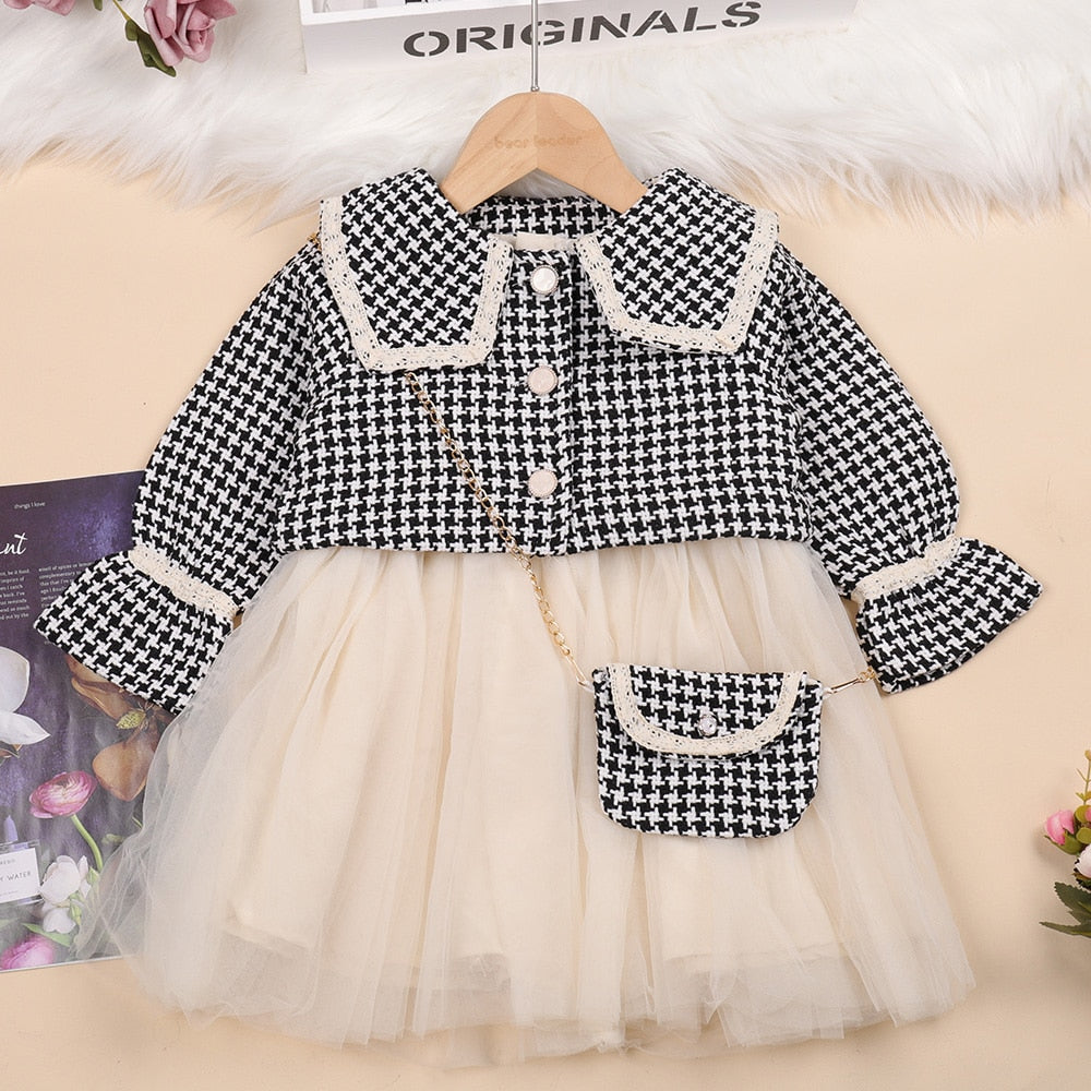 Children's set dress + coat + plaid bag