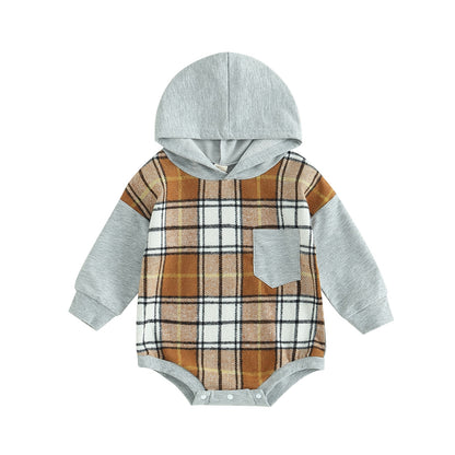 Children's plaid bodysuit with hood and pocket