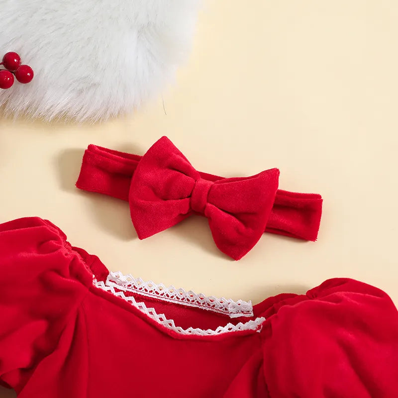 Children's dress with long Mama Claus sleeves + headband