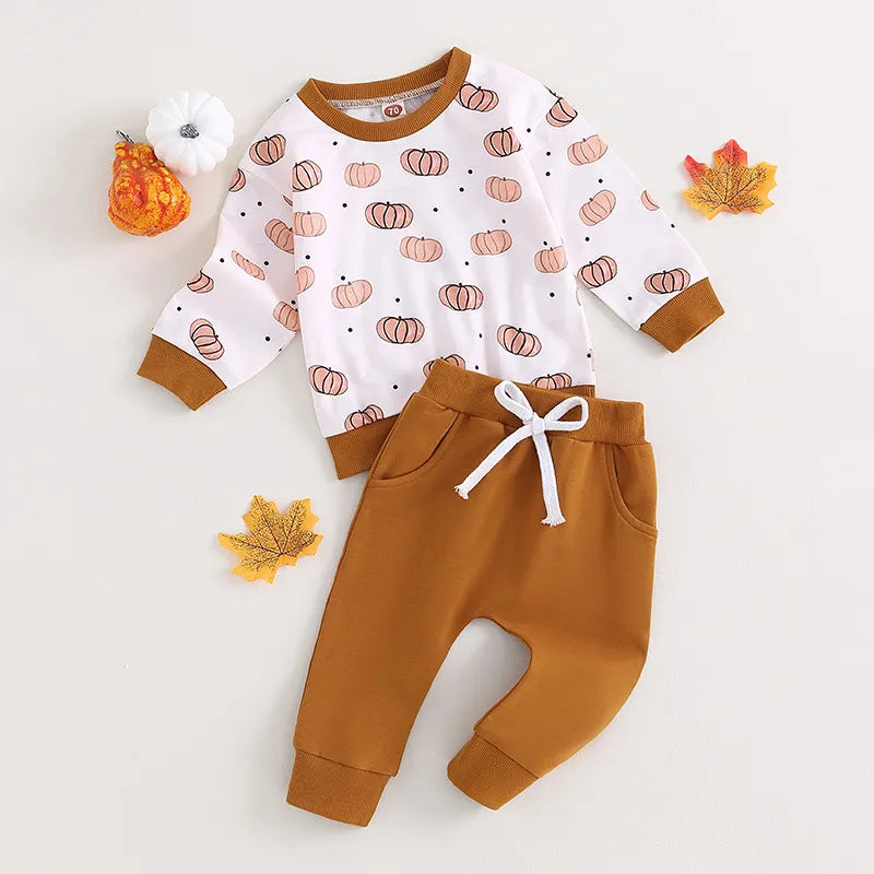 Halloween  Pumpkin Print Long Sleeve Sweatshirt Elastic Pants Set