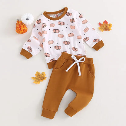 Halloween  Pumpkin Print Long Sleeve Sweatshirt Elastic Pants Set