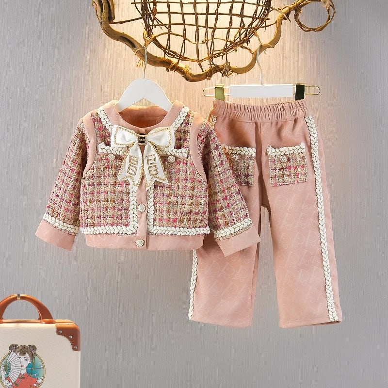 Pink Children's Set with Plaid and Bow