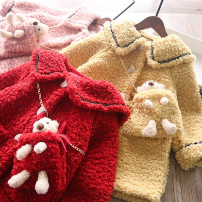 Women's Children's Wool Coat Teddy Bear Bag