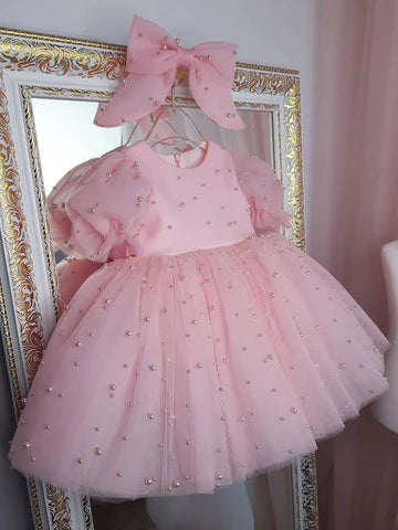 Pink Party Dress with Pearls and Bow