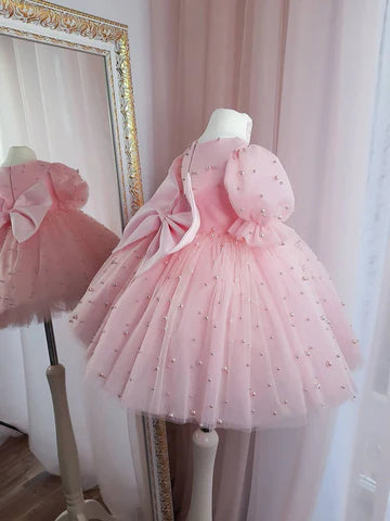 Pink Party Dress with Pearls and Bow