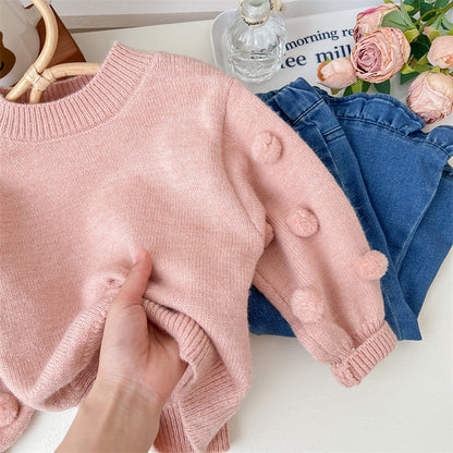 Women's Children's Knitted Pompom Blouse