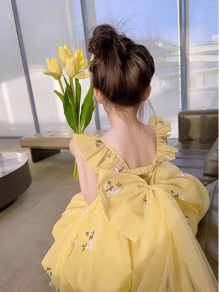 Yellow Children's Dress with Little Flowers Bow