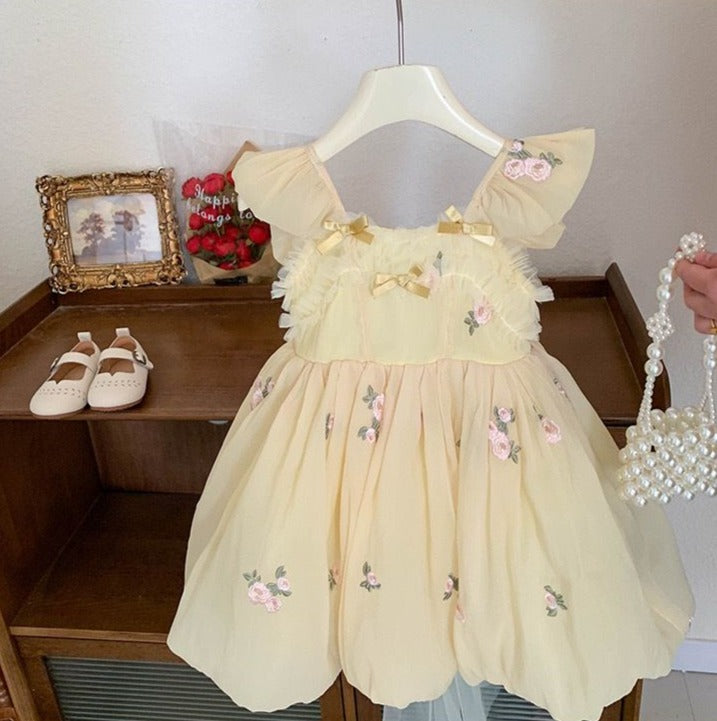 Yellow Children's Dress with Little Flowers Bow