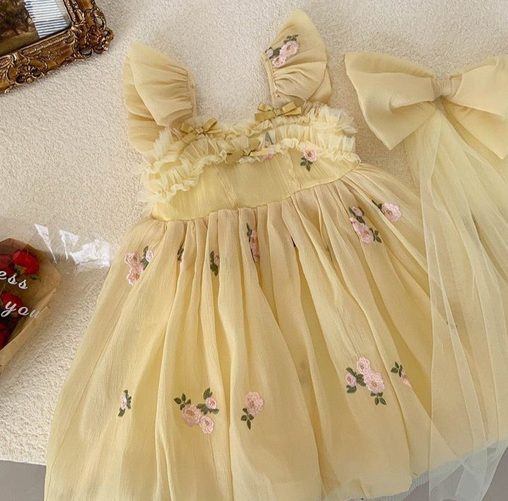 Yellow Children's Dress with Little Flowers Bow