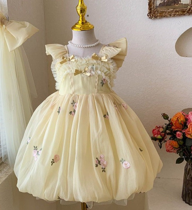 Yellow Children's Dress with Little Flowers Bow