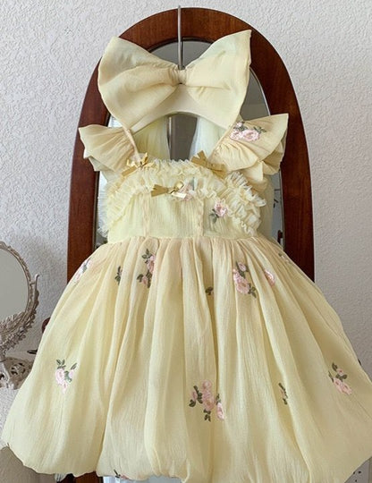 Yellow Children's Dress with Little Flowers Bow