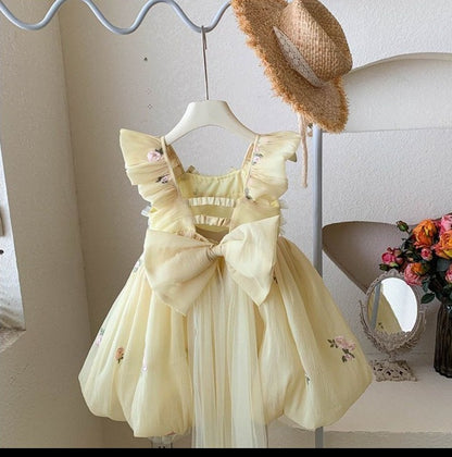 Yellow Children's Dress with Little Flowers Bow