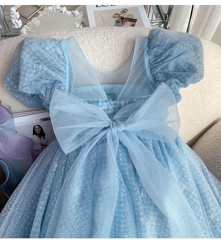 Children's Blue Glitter and Bow Dress