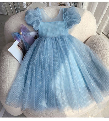 Children's Blue Glitter and Bow Dress