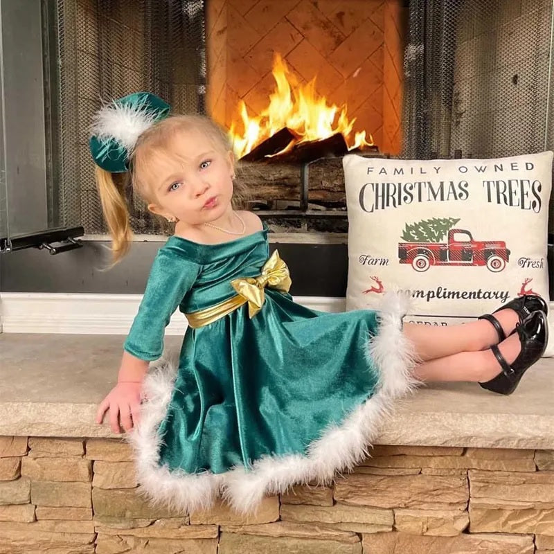 Green children's dress with gold bow + headband