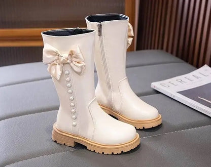 Children's ankle boots with bow and pearls