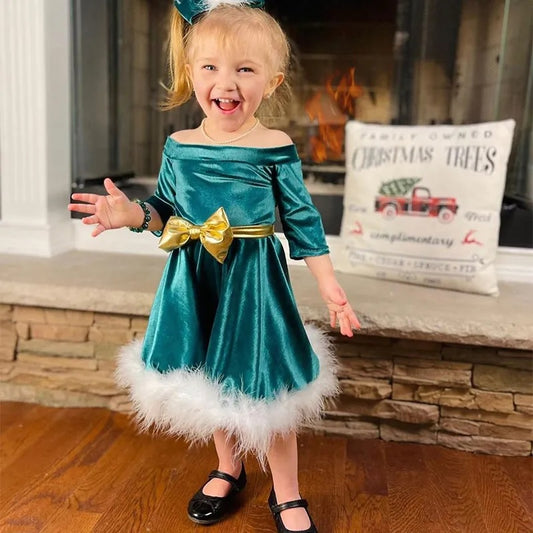 Green children's dress with gold bow + headband