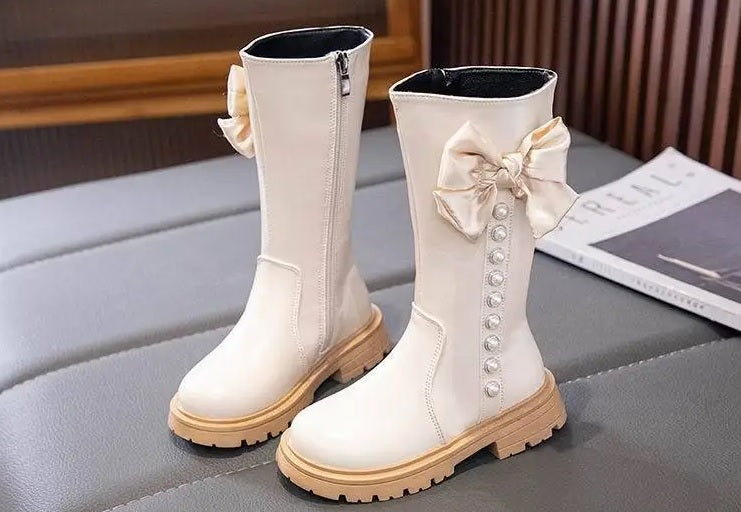 Children's ankle boots with bow and pearls