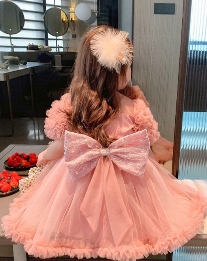 Shiny Puffed Party Dress with Bow