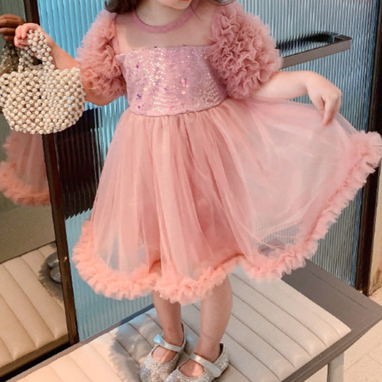 Shiny Puffed Party Dress with Bow