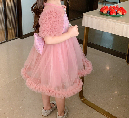 Shiny Puffed Party Dress with Bow