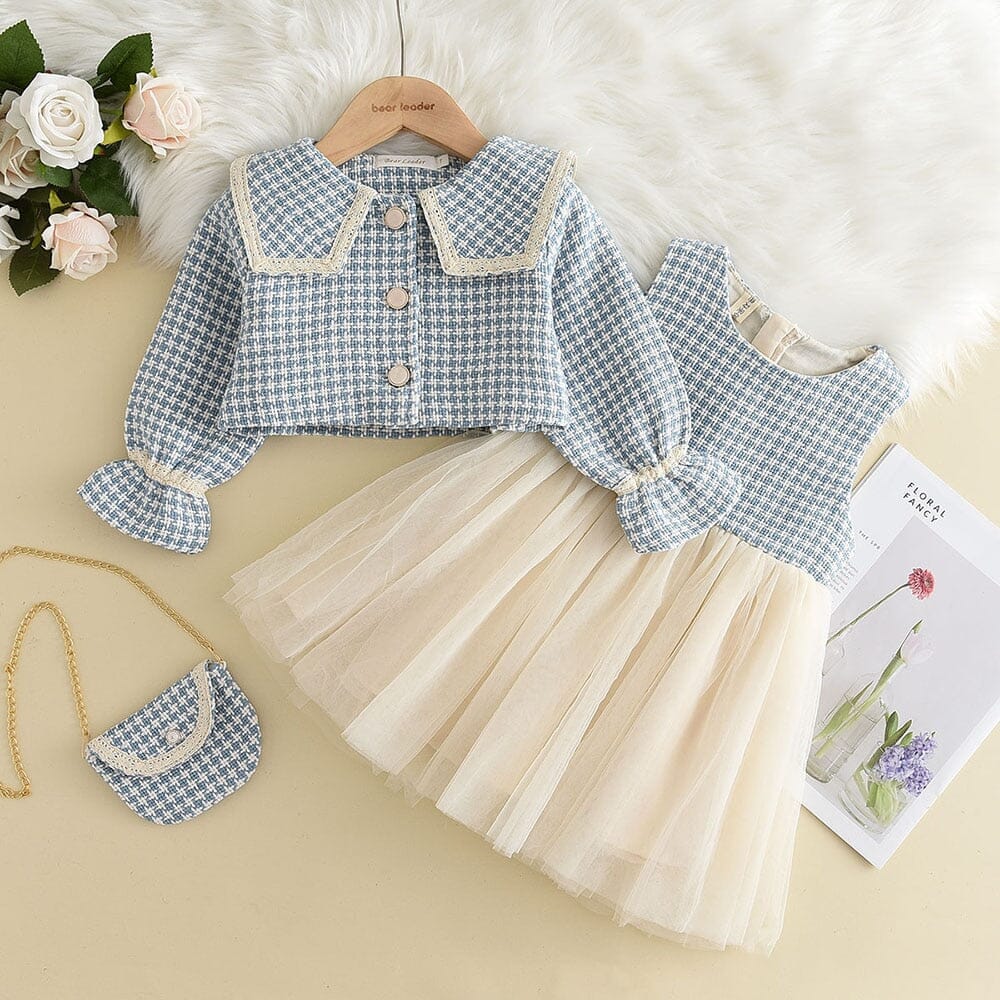 Children's Dress + Cardigan + Turtleneck and Tulle Bag