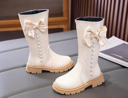 Children's ankle boots with bow and pearls