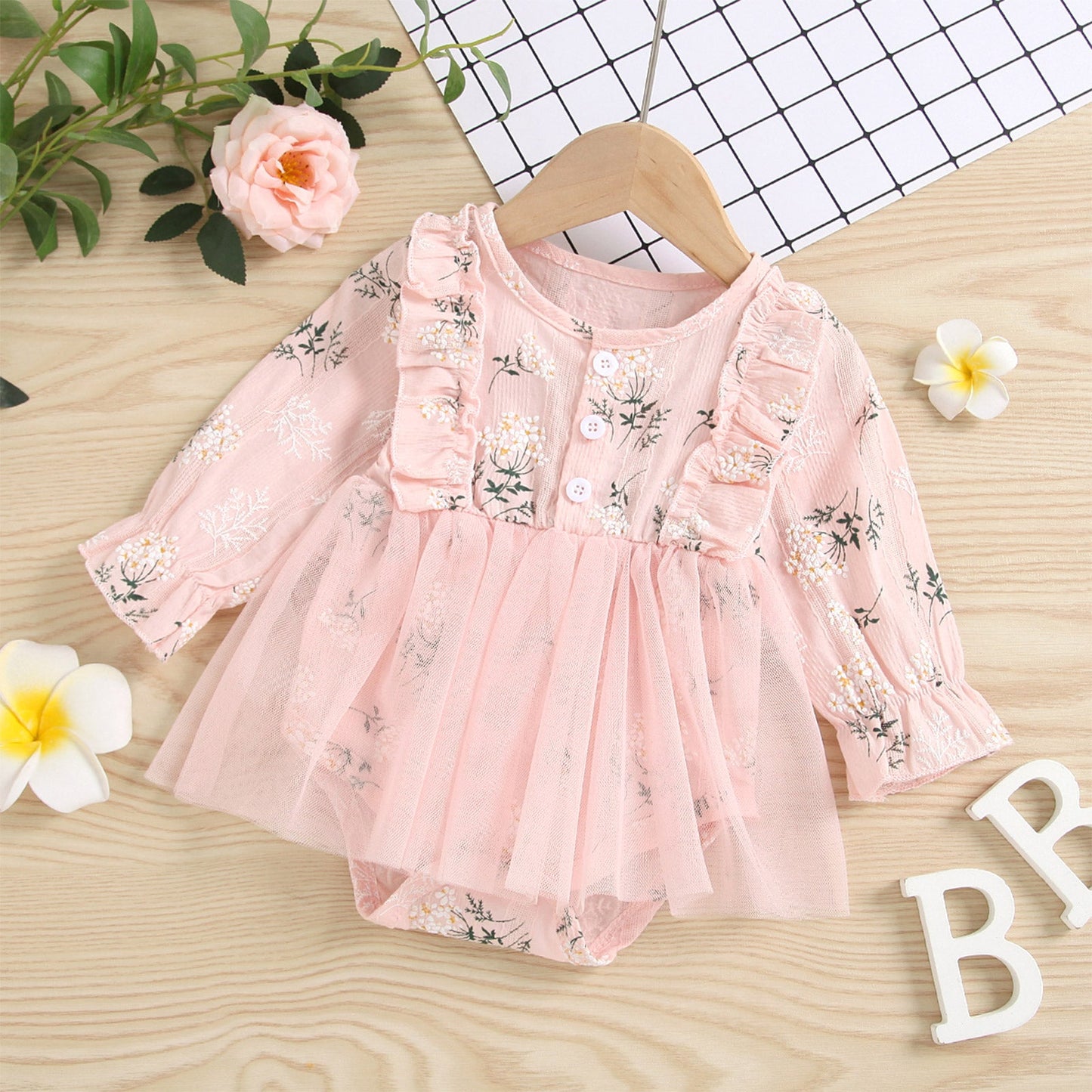 Baby Girls Romper Long Sleeve Floral Casual Daily Princess Gauze Dress