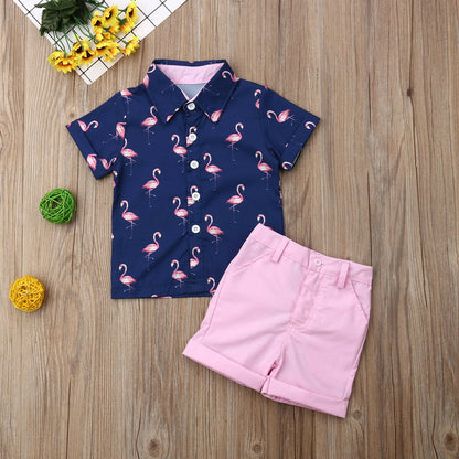 2PCS Set Flamingo  T-shirt+Shorts