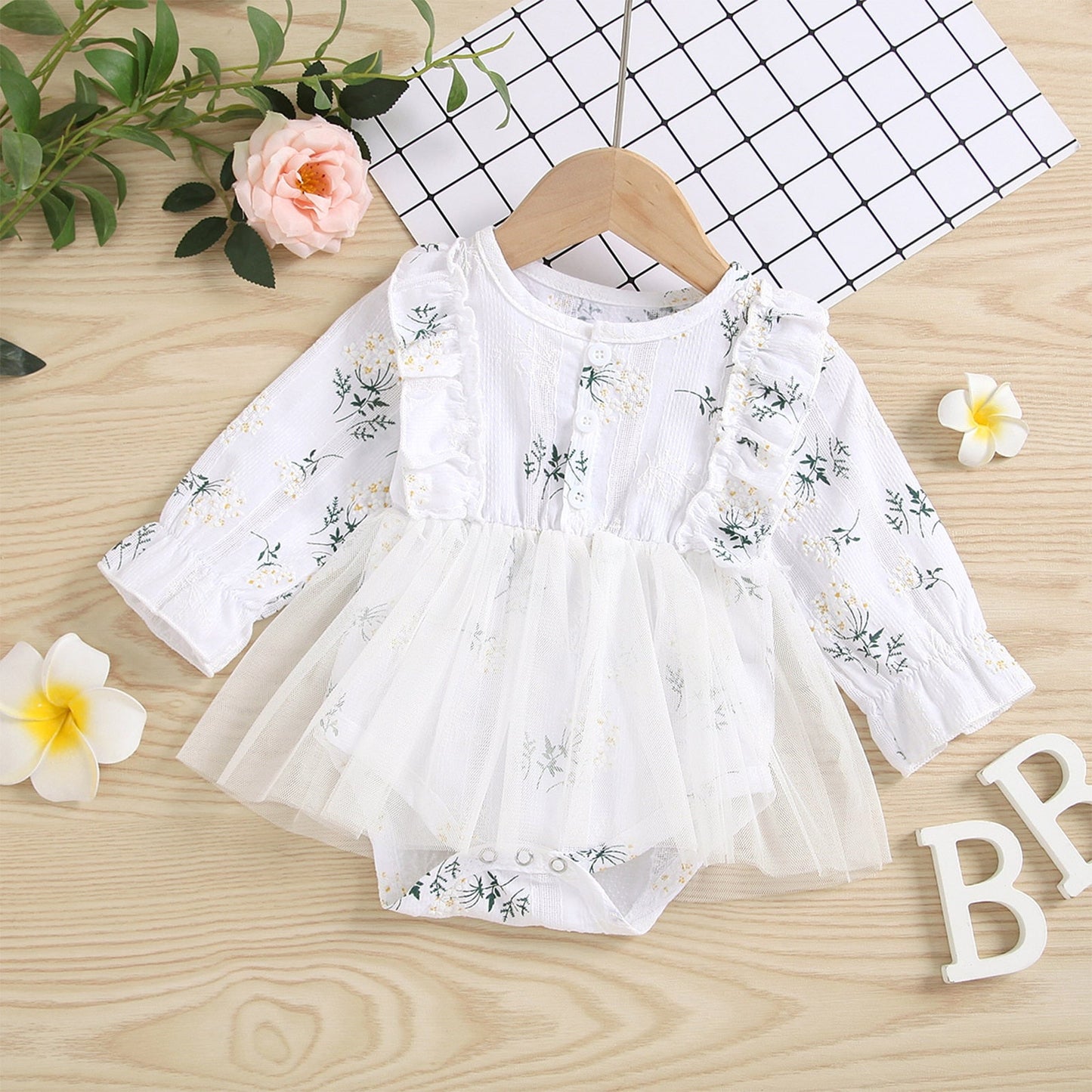 Baby Girls Romper Long Sleeve Floral Casual Daily Princess Gauze Dress