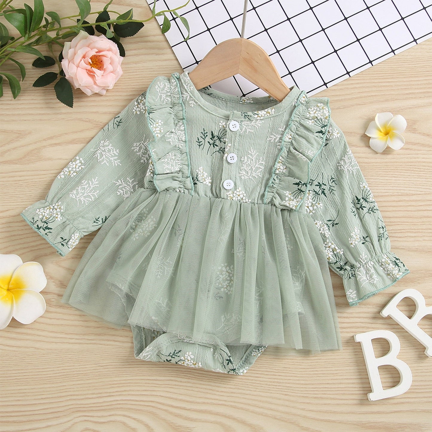 Baby Girls Romper Long Sleeve Floral Casual Daily Princess Gauze Dress