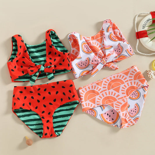 Bikini Swimsuit, Sleeveless V Neck Watermelon Print Summer Beach Girls Swimwear Vest + Briefs  6M-4T