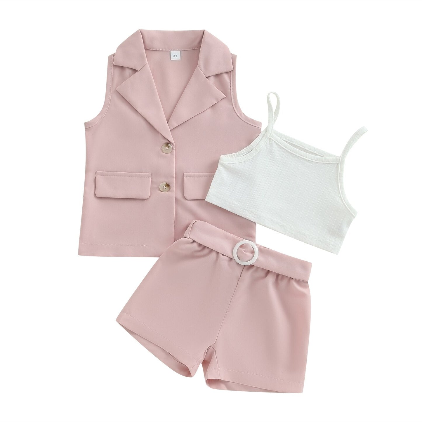 3Pcs Summer Outfits Blazer + Cami Tops + Belted Shorts  2-7T