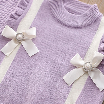 Children Sweater Bow + Pleated Skirt Knitted 2-piece Set