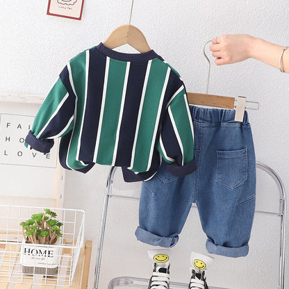 2PCS Clothes Set Long Sleeve Striped Sweatshirt Jeans Pants